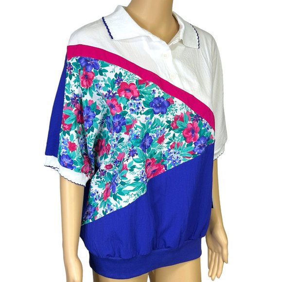 Southern Lady Womens L Blue Floral‎ Short Sleeve Blouse Shirt Stretch Waistband - Picture 3 of 13